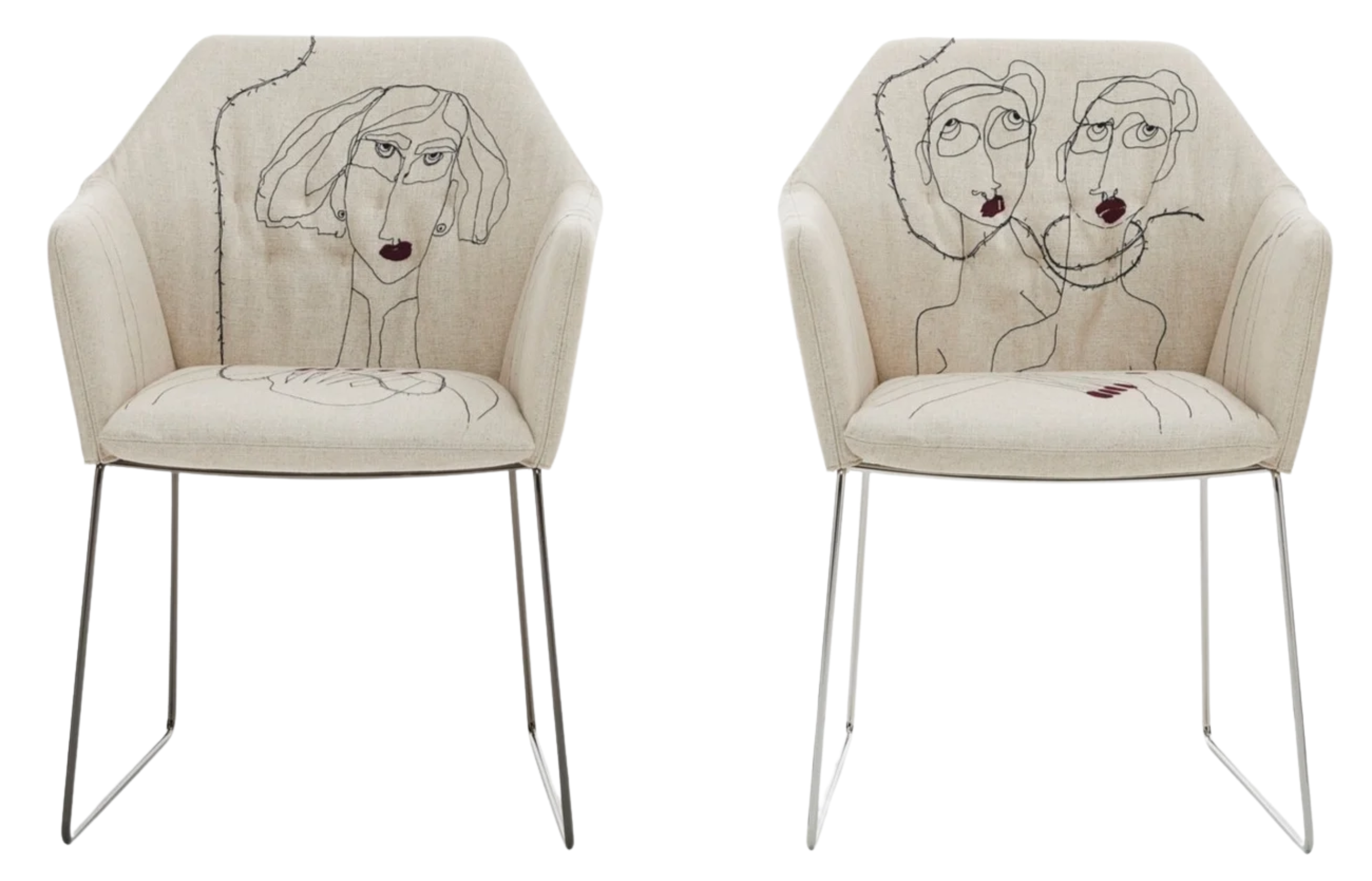 two white chairs with images of people stitched on them 