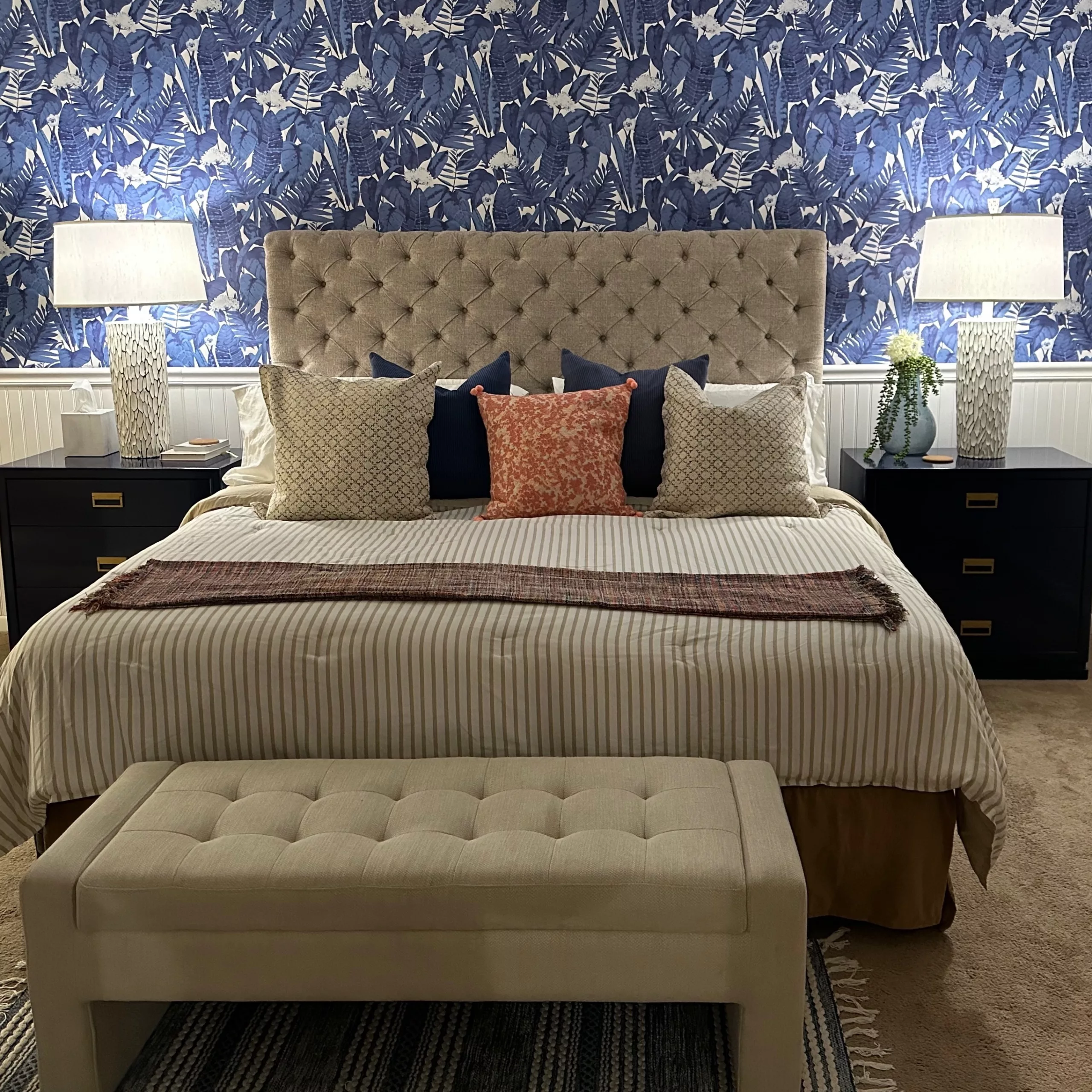 bedrooms setting with blue and white tones